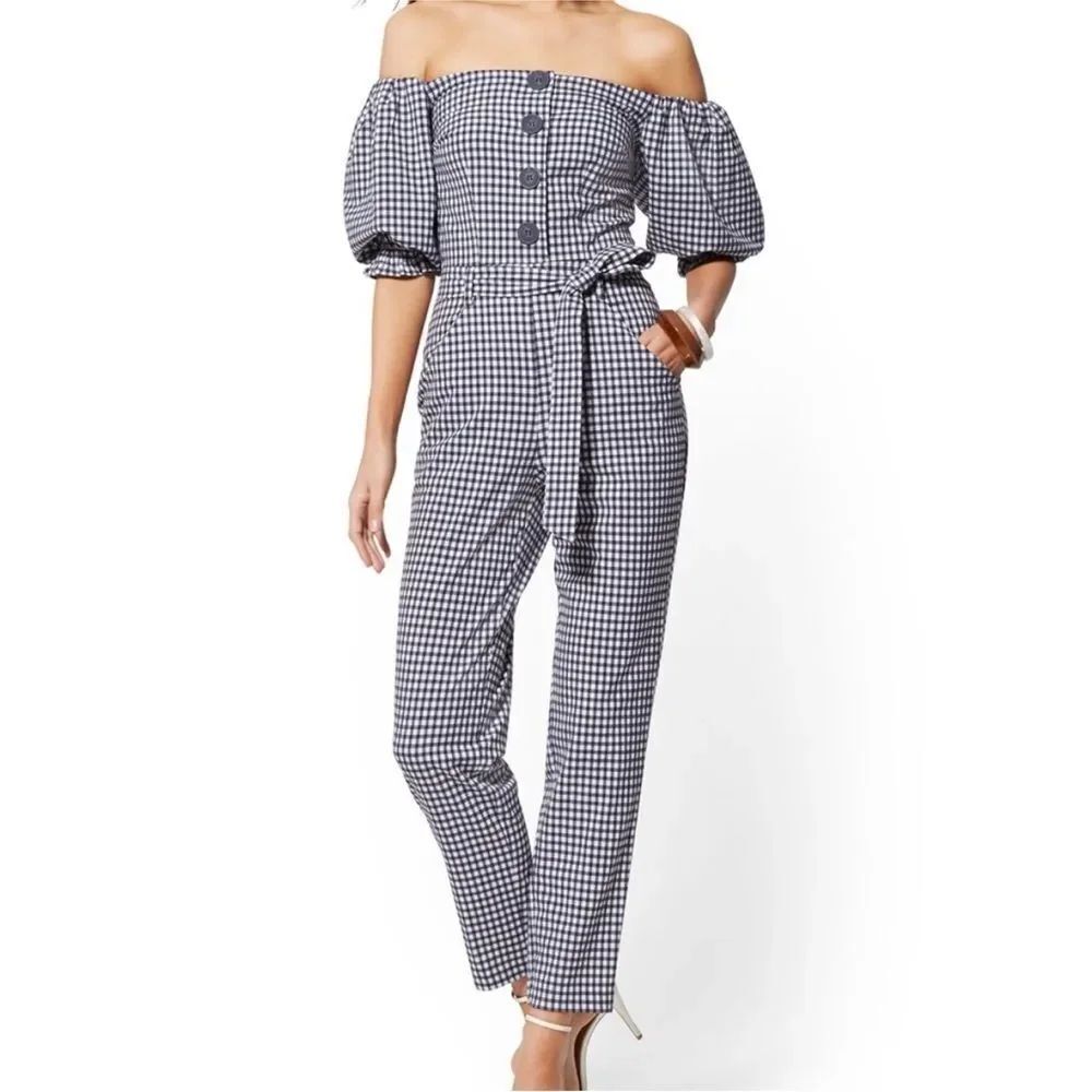 NWT NYC company Elegant Off-Shoulder Gingham Jumpsuit, XS